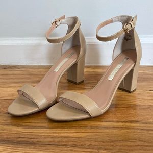Audrey Brooke stacked heel sandal tan beige